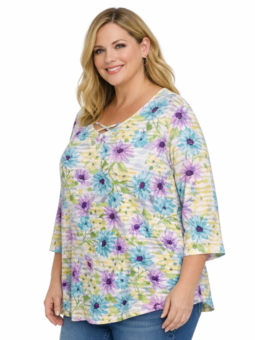 Allison Daley Pastel Floral Scoop Neck Tunic Blue, Lavender & Yellow P2P27”L:27”